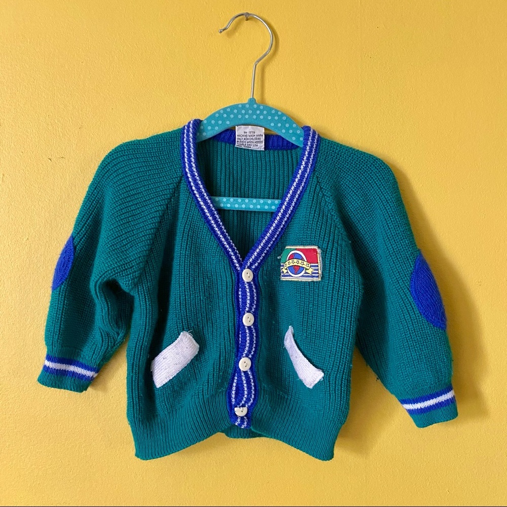 Vintage green baby grandpa cardigan sweater elbow patches 80s size 12M